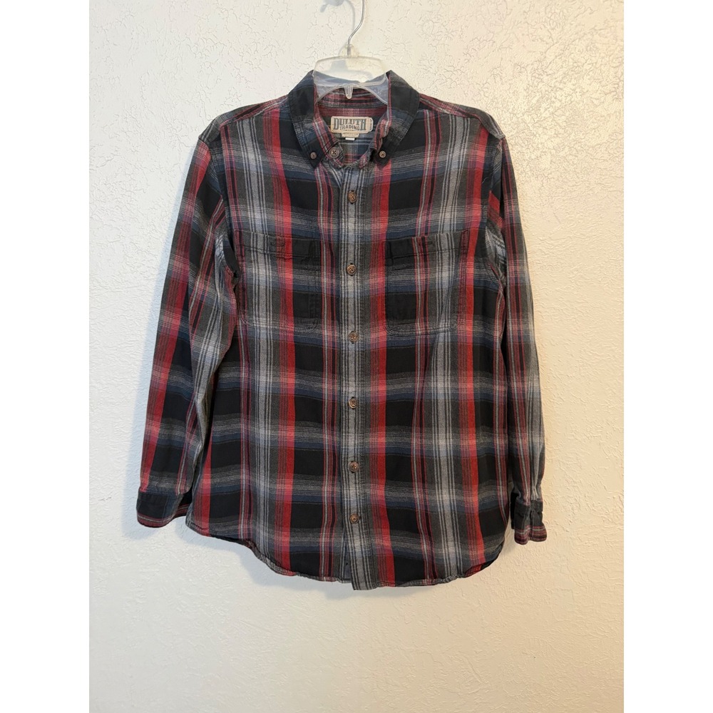 Duluth Trading Co Mens Large Trim Fit Plaid Button Down Shirt Red Black Grey